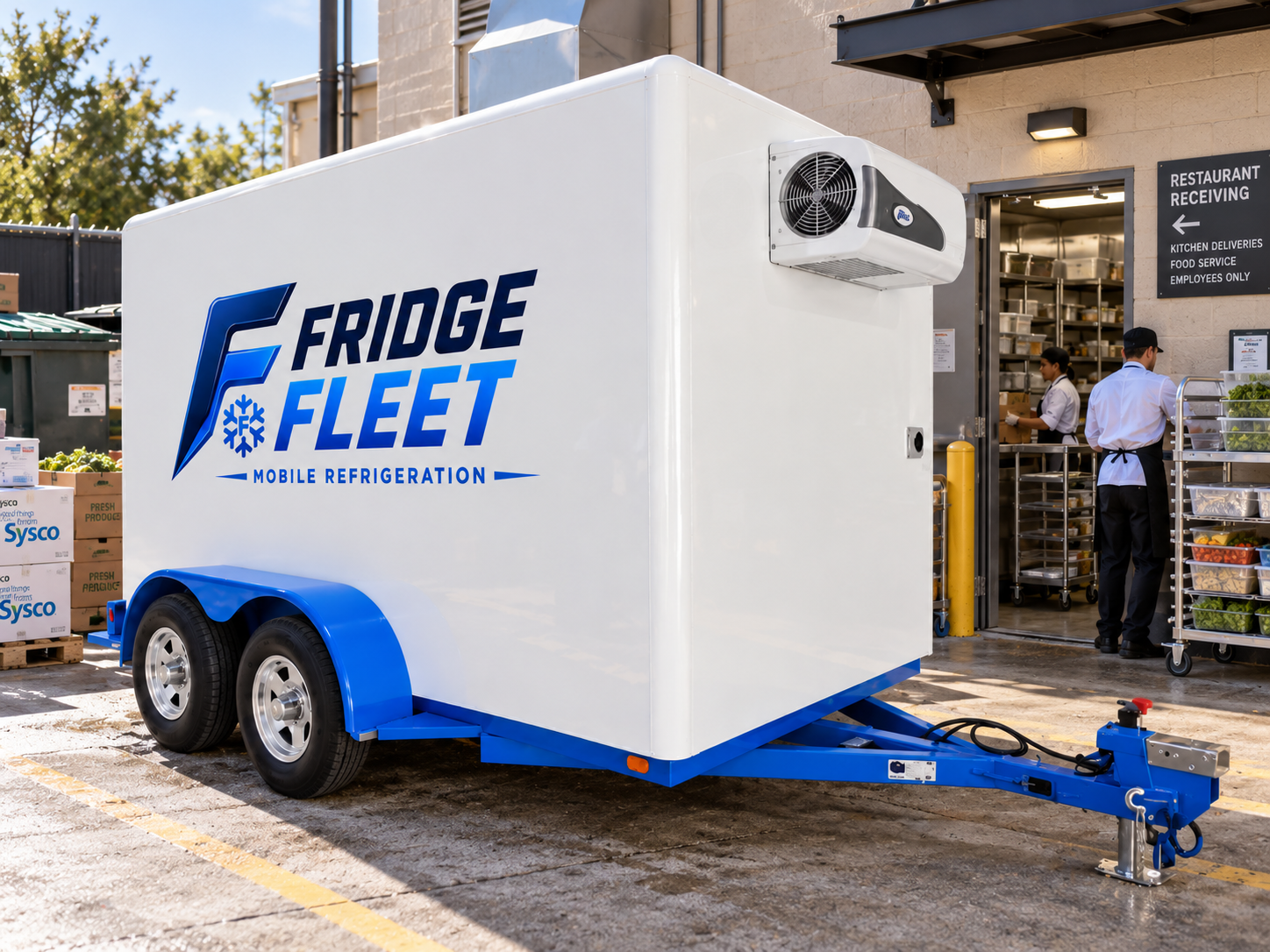 Fridge Fleet refrigerated trailer parked at a restaurant receiving dock.