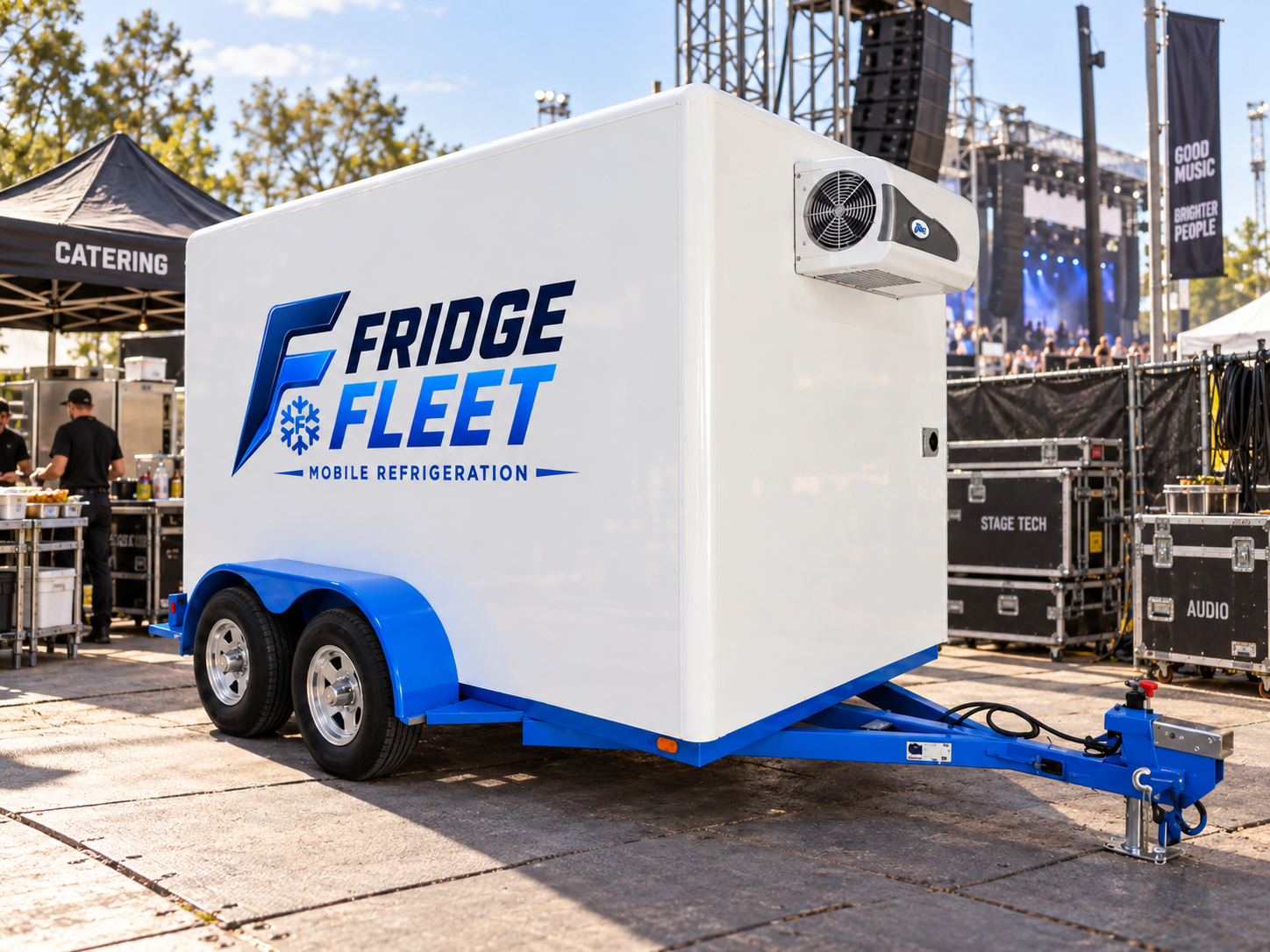 Fridge Fleet mobile refrigeration trailer parked backstage at an outdoor event.