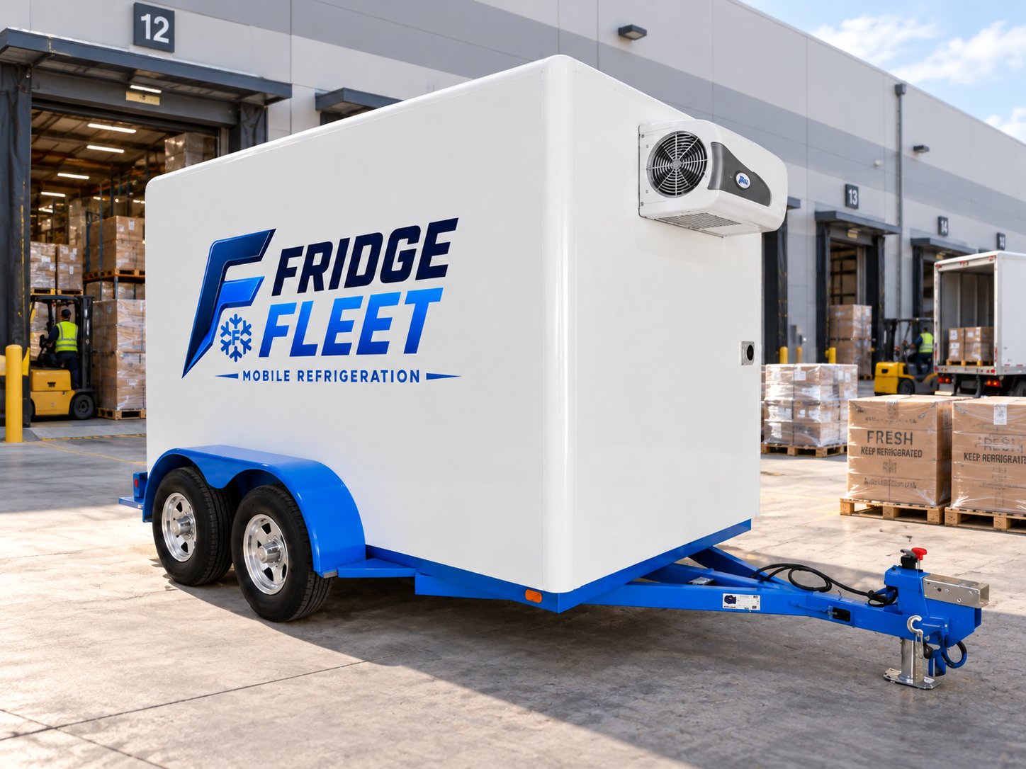 Fridge Fleet freezer trailer parked at a warehouse loading dock.